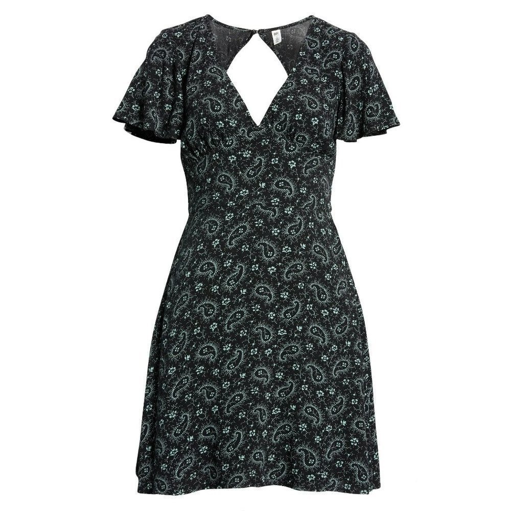 𝅺NWT  BP Paisley Flutter Sleeve V-Neck Dress BLACK AND TEAL - SIZE XS - Picture 11 of 11